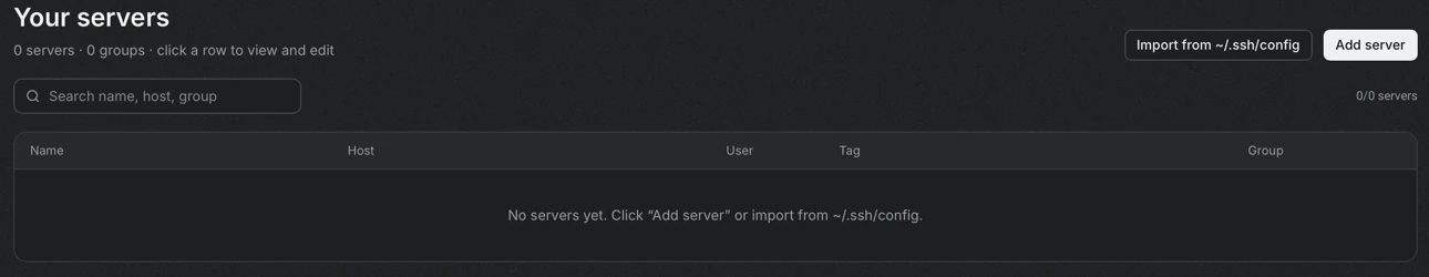 The Portway server list is empty and shows the buttons Import from ~/.ssh/config and Add server in the upper right corner.
