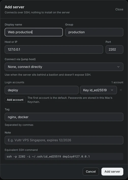 The Add server dialog with the display name Web production, group production, host 127.0.0.1, port 2202, account deploy using the key id_ed25519 and the tags nginx and docker.