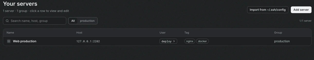 The server list contains one row: Web production, host 127.0.0.1:2202, user deploy, tags nginx and docker, group production.
