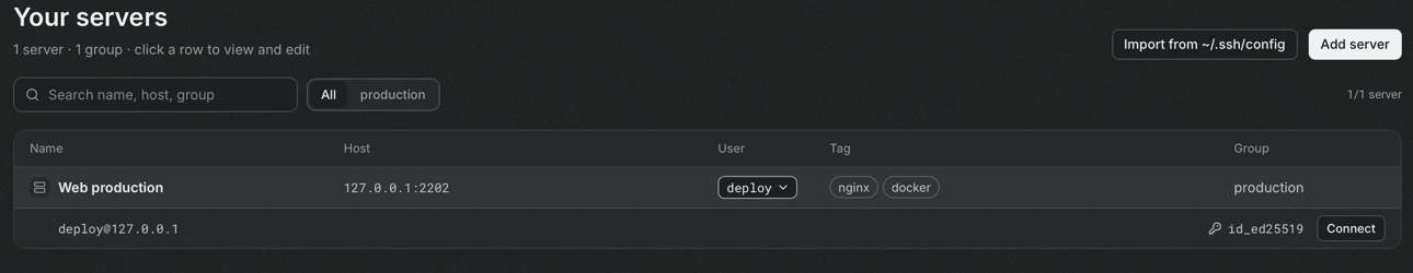 The server row is expanded and shows the account deploy@127.0.0.1 with the key id_ed25519 and a Connect button.