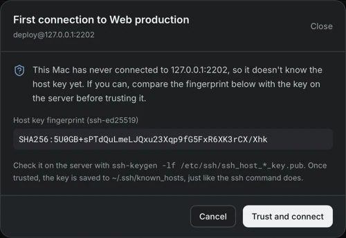 A dialog titled First connection to Web production shows the SHA256 fingerprint of the host key and the buttons Cancel and Trust and connect.