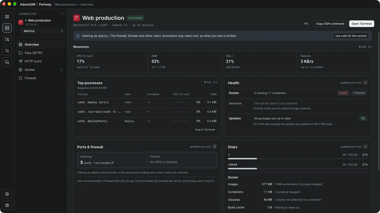 The Overview of the connected server Web production shows CPU, RAM, disk and network usage, the top processes, the health of Docker, services and updates, ports and firewall, and disks.