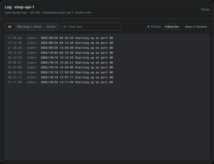 The log viewer of the container shop-api-1 with the filters All, Warnings and errors, Errors, a text filter, a Follow live button and the lines of the log.