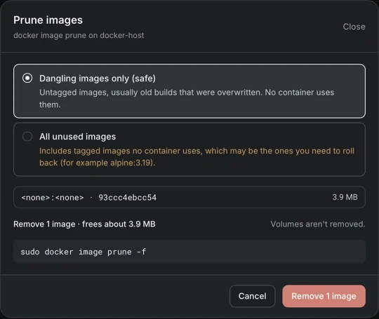 The Prune images dialog with the choice Dangling images only (safe) selected, the list of images that would be removed, the size that would be reclaimed, the command docker image prune -f, and the buttons Cancel and Remove 1 image.