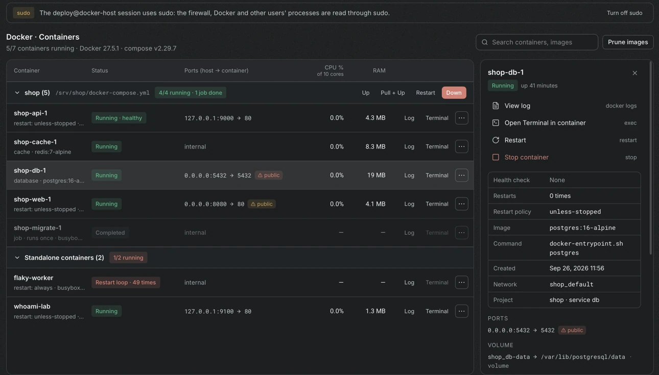 The container list grouped by the Compose project shop and by standalone containers, with status, ports marked as public, CPU and RAM, and a detail panel for the selected container.