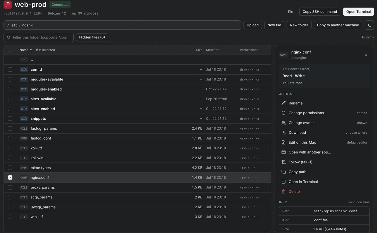 The Files screen for the folder /etc/nginx, with the path bar, the filter field, the file table and a side panel for the selected file nginx.conf with its actions and information.
