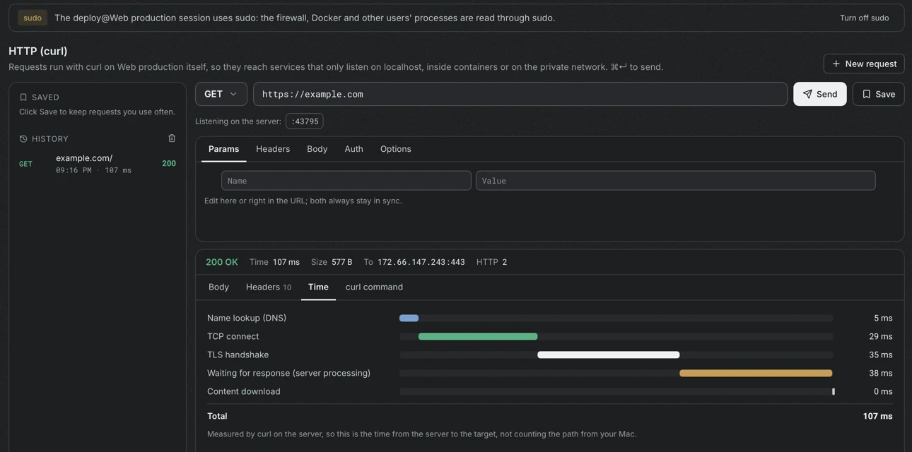 The HTTP screen with a GET request to https://example.com/, the saved and history lists, the tabs for the request, and a response with status 200 OK and a timing chart for DNS, TCP connect, TLS handshake, waiting for the response and content download.