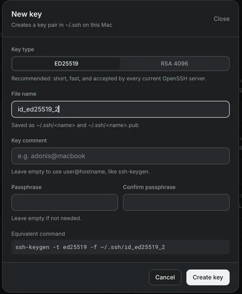 The New key dialog with the key type ED25519 selected, a file name, a comment, passphrase fields and the equivalent ssh-keygen command.