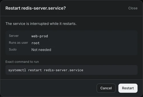 The confirmation dialog for restarting redis-server.service with the exact command systemctl restart redis-server.service.