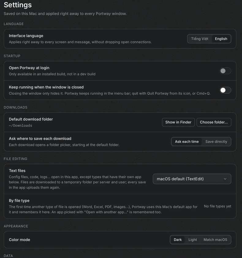 The Settings screen with the sections Language, Startup, Downloads, File editing, Appearance and Data.