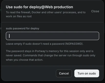 The dialog Use sudo for deploy@web-prod with a password field, a note that an empty field is allowed for NOPASSWD, and the buttons Cancel and Turn on sudo.