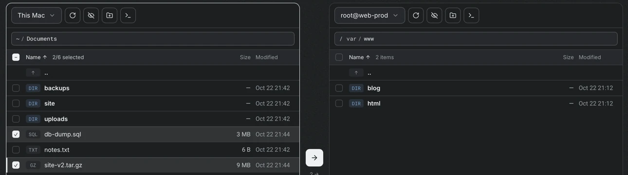The Transfer screen with this computer on the left and the account root@web-prod on the right, two files selected on the left and the copy arrow enabled.