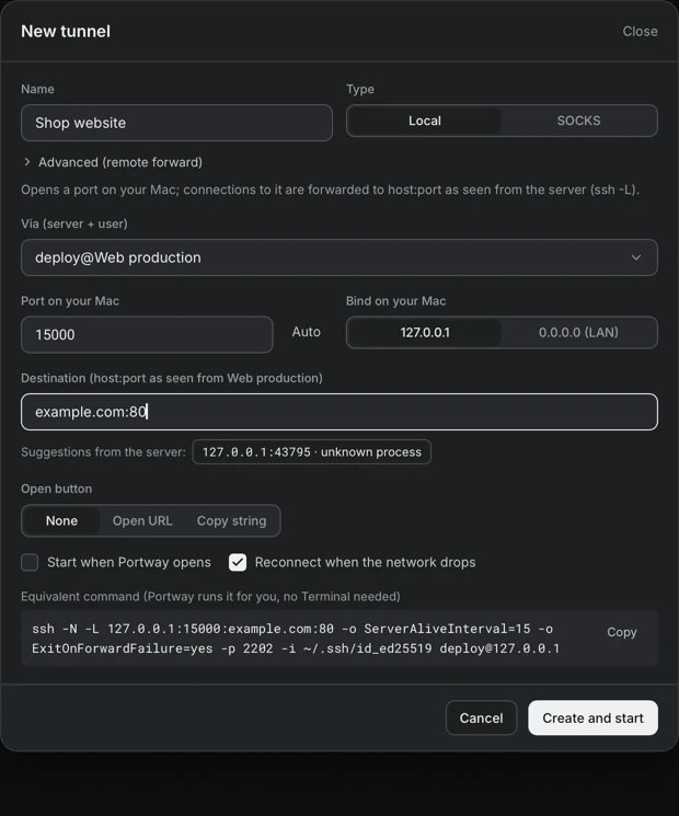The New tunnel dialog with the type Local, the account root@web-prod, port 15000 on this computer, the destination 127.0.0.1:80, suggestions from the server, the open button, two checkboxes and the equivalent ssh command.