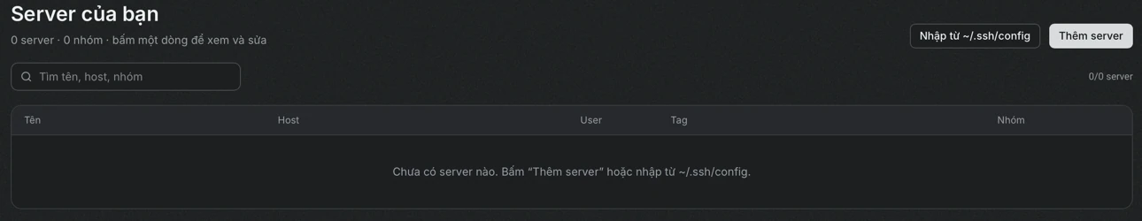 Danh sách server của Portway đang trống, góc trên bên phải có hai nút Nhập từ ~/.ssh/config và Thêm server.