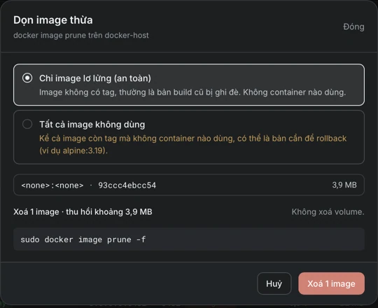 Hộp thoại Dọn image thừa với lựa chọn Chỉ image lơ lửng (an toàn) được chọn, danh sách image sẽ bị xoá, dung lượng sẽ thu hồi, lệnh docker image prune -f, và hai nút Huỷ, Xoá 1 image.