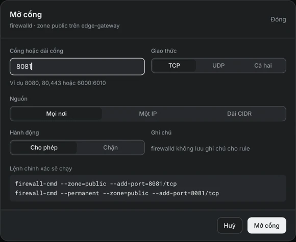 Hộp thoại Mở cổng với cổng 8081, TCP, nguồn Mọi nơi, hành động Cho phép và các lệnh firewall-cmd chính xác sẽ chạy.