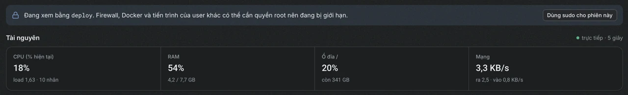 Phần đầu của Tổng quan cho phiên đăng nhập bằng user deploy, có thông báo thông tin bị giới hạn và nút Dùng sudo cho phiên này.