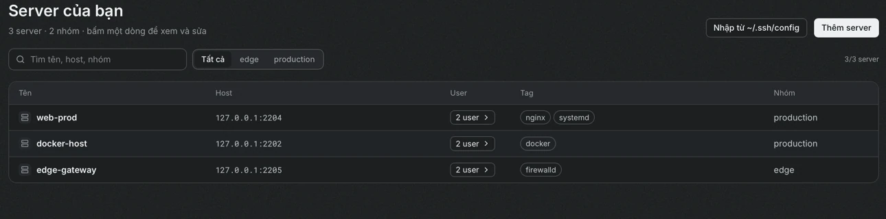 Danh sách server với ba server, hiển thị tên, host, số user, tag và nhóm, kèm các nút lọc theo nhóm.