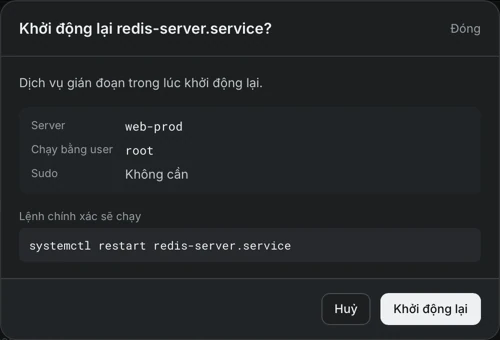 Hộp thoại xác nhận khởi động lại redis-server.service với lệnh chính xác systemctl restart redis-server.service.