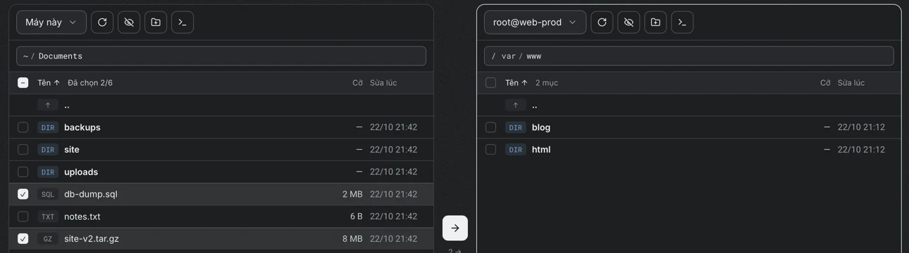Màn hình Chuyển tệp với máy tính này bên trái và tài khoản root@web-prod bên phải, hai tệp được chọn ở bên trái và mũi tên sao chép đã sáng.