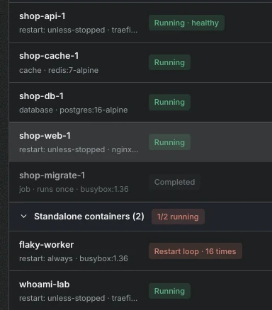 Docker, grouped by Compose project (screenshot)
